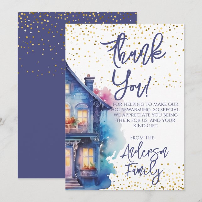 Carte De Remerciements Aquarelle Fête de réchauffement domestique (Devant / Derrière)