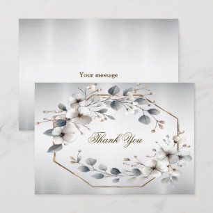 Carte De Remerciements Aquarelle Fleurs blanches Cadre doré Argent Turquo
