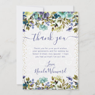 Carte De Remerciements Aquarelle Fleurs Bleu Marine et Bleu pour un Sweet