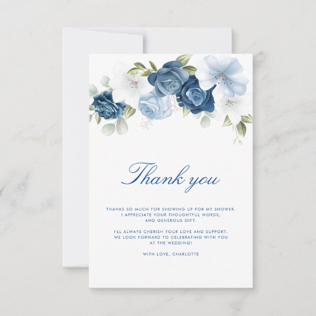 Carte De Remerciements Aquarelle Fleurs de Bleu Poussiéreux Script (Devant)