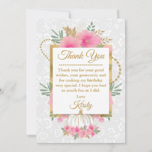 Carte De Remerciements Aquarelle Fleurs de Citrouille Rose Feuille d'Or S