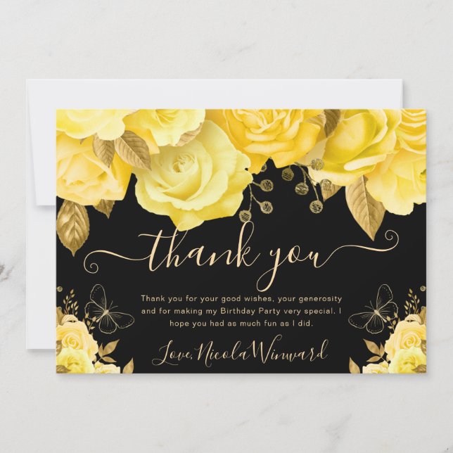 Carte De Remerciements Aquarelle Fleurs jaune et or Anniversaire (Devant)