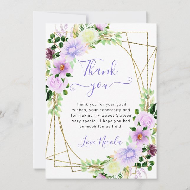 Carte De Remerciements Aquarelle Fleurs violettes Or Frame Sweet 16 (Devant)