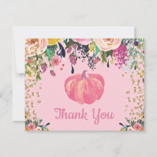 Carte De Remerciements Aquarelle Floral Automne Citrouille Rose Or Paille
