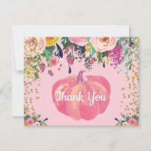 Carte De Remerciements Aquarelle Floral Automne Citrouille Rose Paillette