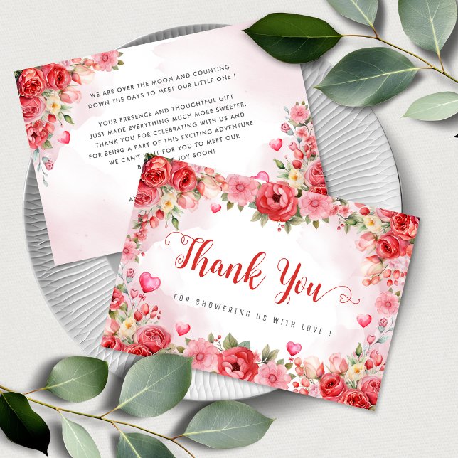 Carte De Remerciements Aquarelle Floral Baby shower de coeur Rouge Amiant (Créateur téléchargé)