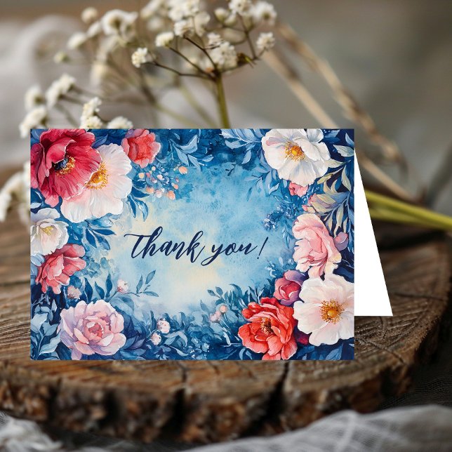 Carte De Remerciements Aquarelle Floral bleu rose PERSONNALISÉ (Watercolor Florals Pink Blue CUSTOM Thank You Card
)