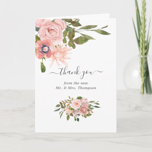 Carte De Remerciements Aquarelle floral Blush et Rose Mariage or (Devant)