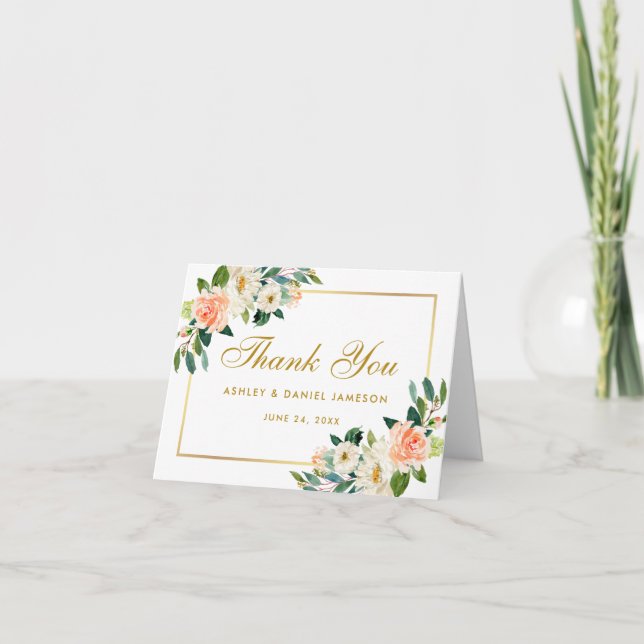 Carte De Remerciements Aquarelle Floral Coral Gold Note Mariage (Devant)