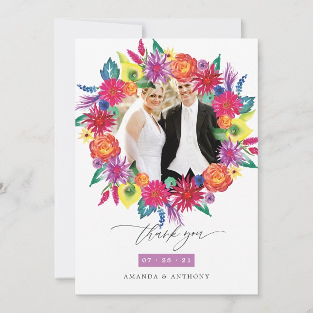 Carte De Remerciements Aquarelle Floral Fiesta photo Mariage (Devant)