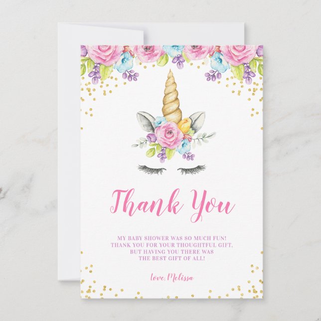 Carte De Remerciements Aquarelle Floral Unicorn Baby shower (Devant)