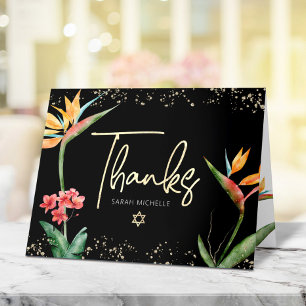 Carte De Remerciements Aquarelle florale bat mitzvah Tropical Black Gold