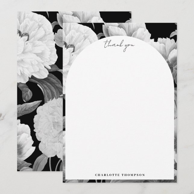 Carte De Remerciements Aquarelle florale Black & White Peonies (Devant / Derrière)