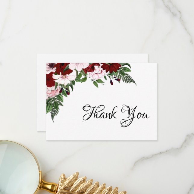 Carte De Remerciements Aquarelle Florale Bourgogne Blanc-Blanc (Devant/Arrière en situation)