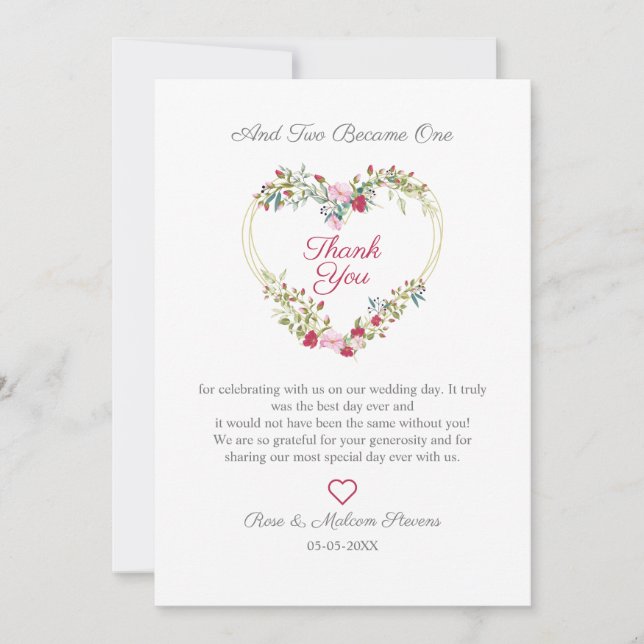 Carte De Remerciements Aquarelle florale Coeur avec Feuilles en rose et r (Devant)