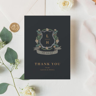 Carte De Remerciements Aquarelle Florale Crest Monogramme Mariage plat