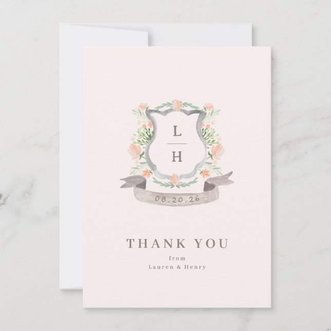 Carte De Remerciements Aquarelle Florale Crest Monogramme Mariage plat (Devant)