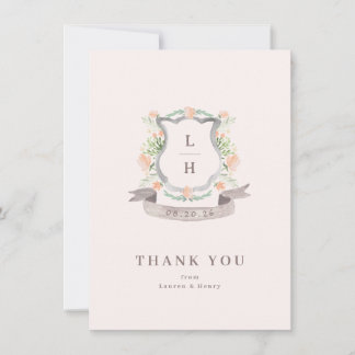 Carte De Remerciements Aquarelle Florale Crest Monogramme Mariage plat