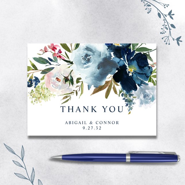 Carte De Remerciements Aquarelle florale élégante marine et bleu poussiér (Créateur téléchargé)