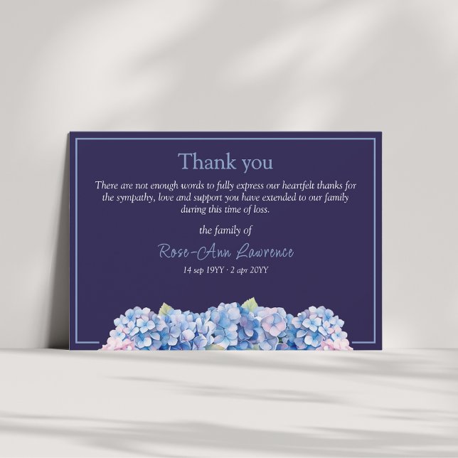 Carte De Remerciements Aquarelle florale hydrangea bleu funéraire (Créateur téléchargé)