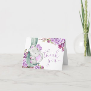Carte De Remerciements Aquarelle florale mignonne d'éléphant violet lavan
