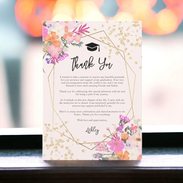 Carte De Remerciements Aquarelle florale parties scintillant or graduatio (Gold glitter floral watercolor photo graduation thank you card)