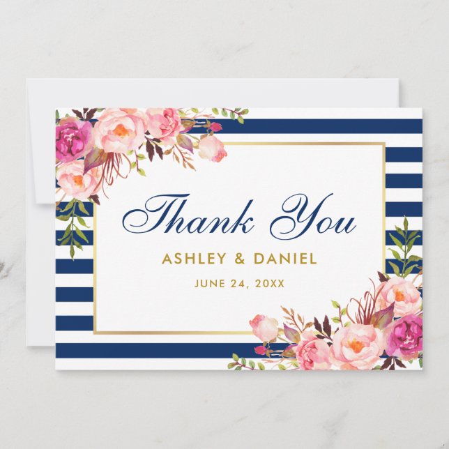 Carte De Remerciements Aquarelle Florale rose Bleu Mariage (Devant)