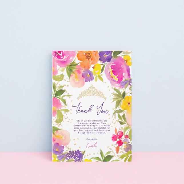 Carte De Remerciements Aquarelle florale rose de l'été or Quinceanera (Pink summer floral watercolor gold Quinceanera Thank You Card)