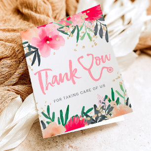 Carte De Remerciements Aquarelle florale rouge stéthoscope infirmière mer