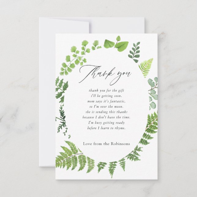 Carte De Remerciements Aquarelle Forêt forestière Baby shower vert (Devant)