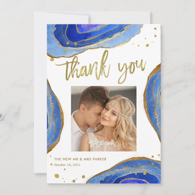 Carte De Remerciements Aquarelle Geode bleu avec la photo l'épousant de (Devant)