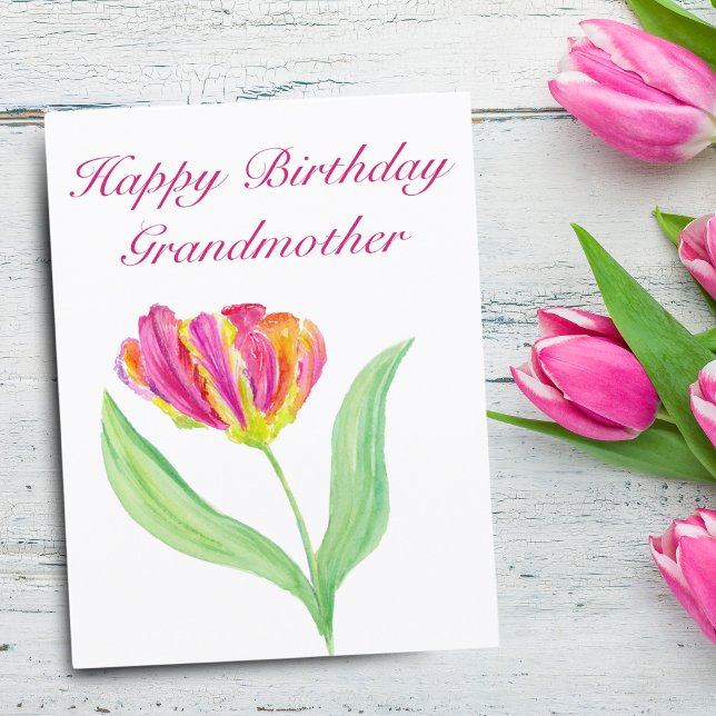 Carte De Remerciements Aquarelle Hot rose Tulip Anniversaire Grand-mère (A hand painted watercolor that will bring a smile to your Grandmother's birthday!)
