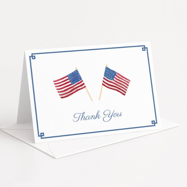Carte De Remerciements Aquarelle intemporelle drapeau américain personnal (Patriotic red white and blue thank you card design featuring USA flags and a smart Greek Key border)