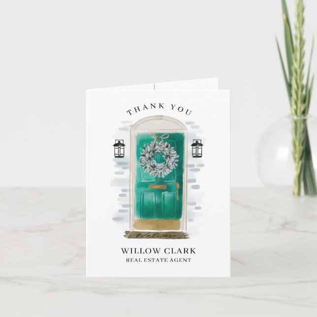 Carte De Remerciements Aquarelle Jade Vert Porte avant et couronne (Devant)