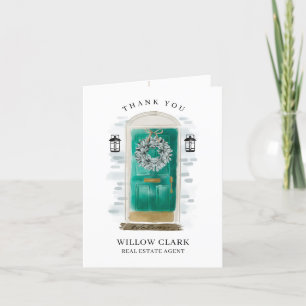 Carte De Remerciements Aquarelle Jade Vert Porte avant et couronne