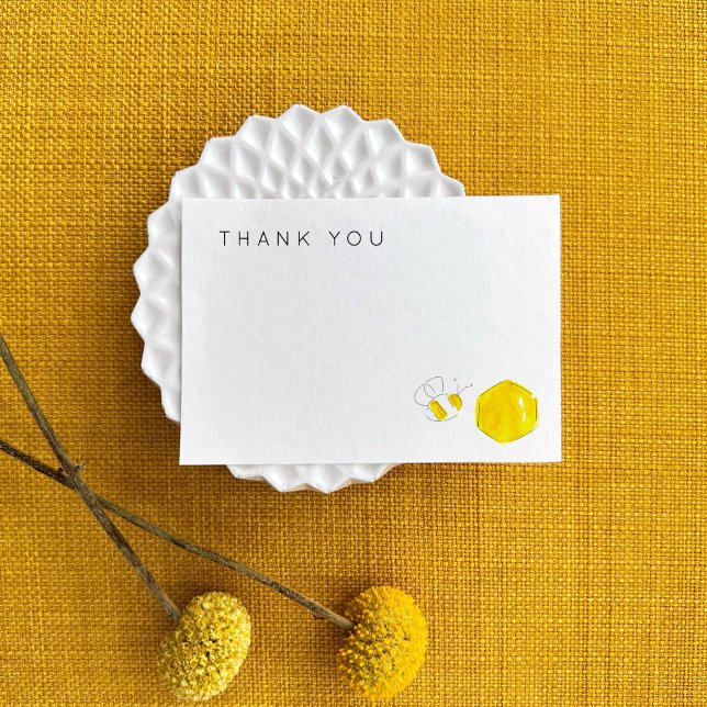 Carte De Remerciements Aquarelle jaune Bumble Bee Hive Baby shower (Watercolor buzzing bee and honeycomb Thank You yellow baby shower watercolor note card.)