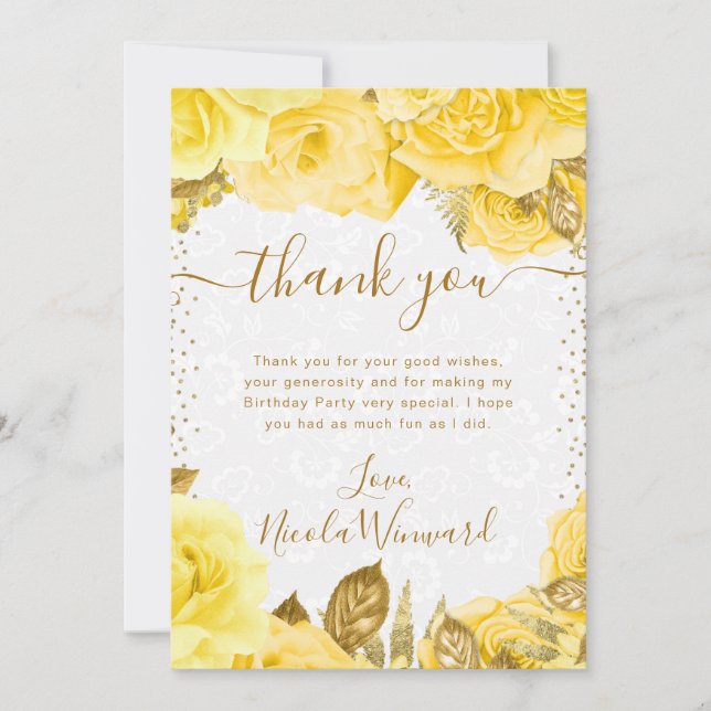 Carte De Remerciements Aquarelle Jaune Glam Fleurs Roses Anniversaire (Devant)