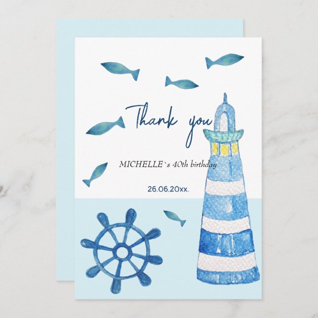 Carte De Remerciements Aquarelle Lighthouse Beach Peinte à la main (Devant / Derrière)