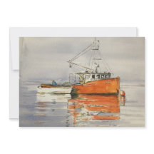 Aquarelle Maine Bateau de pêche Océan Orange Grey