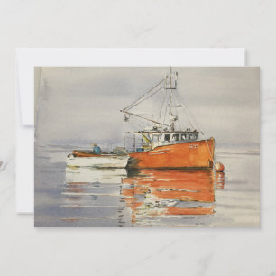 Carte De Remerciements Aquarelle Maine Bateau de pêche Océan Orange Grey