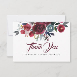 Carte De Remerciements Aquarelle mariage floral rouge Bourgogne