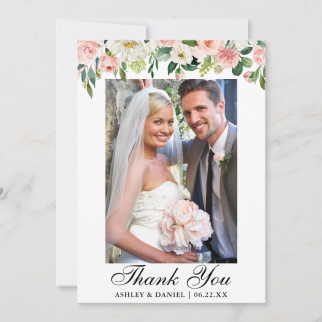 Carte De Remerciements Aquarelle mariage rose bleu photo (Devant)