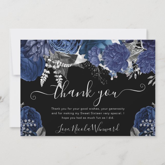 Carte De Remerciements Aquarelle marine et Roses d'argent doux 16 (Devant)