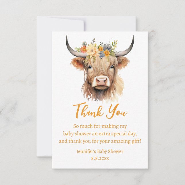 Carte De Remerciements aquarelle mignonne baby shower de veau de vache de (Devant)