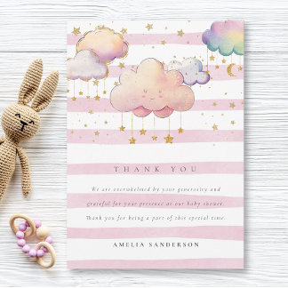 Carte De Remerciements Aquarelle mignonne Cloud Star Baby Girl Douche ros