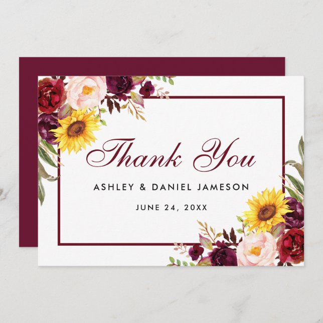 Carte De Remerciements Aquarelle Mixte Floral Bourgogne Mariage (Devant / Derrière)