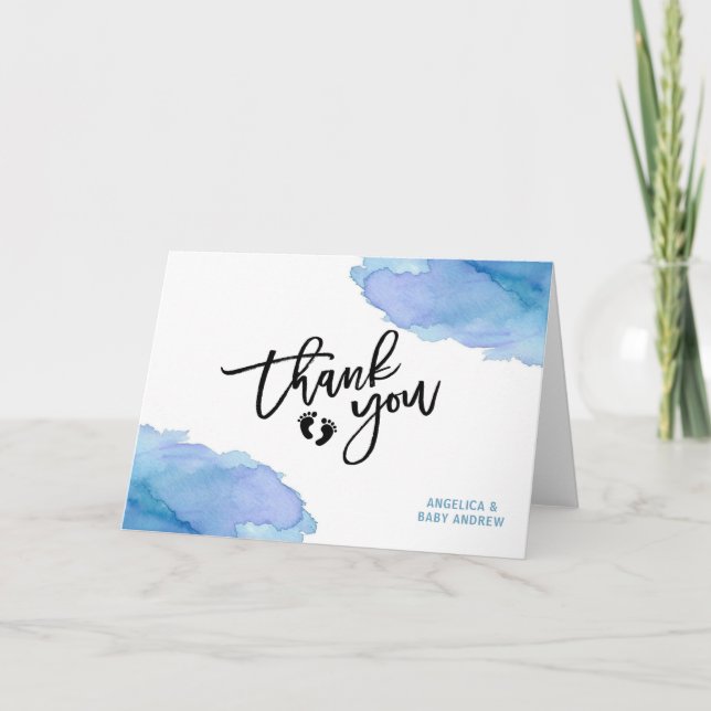 Carte De Remerciements Aquarelle moderne bleu garçon Oh Baby shower de ga (Devant)