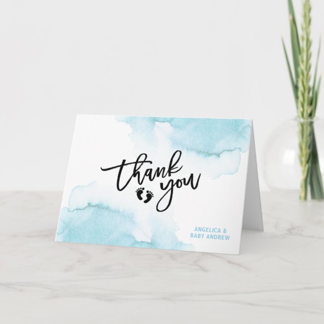 Carte De Remerciements Aquarelle moderne bleu garçon Oh Baby shower de ga (Devant)