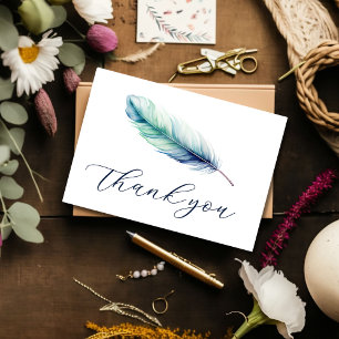 Carte De Remerciements Aquarelle moderne bleu plumes Anniversaire