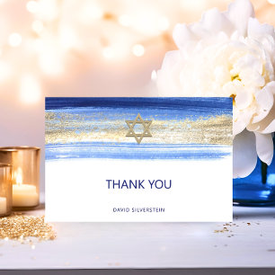 Carte De Remerciements Aquarelle moderne Blue Gold Bar Mitzvah Hébreu